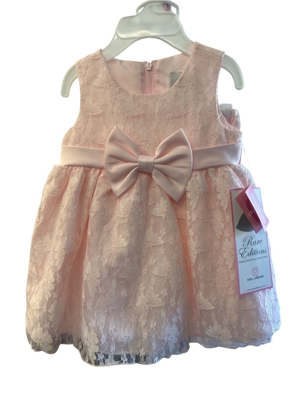 Rare Editions Blush Pink Floral Lace Bow Dress & Bloomers Set 6-9M